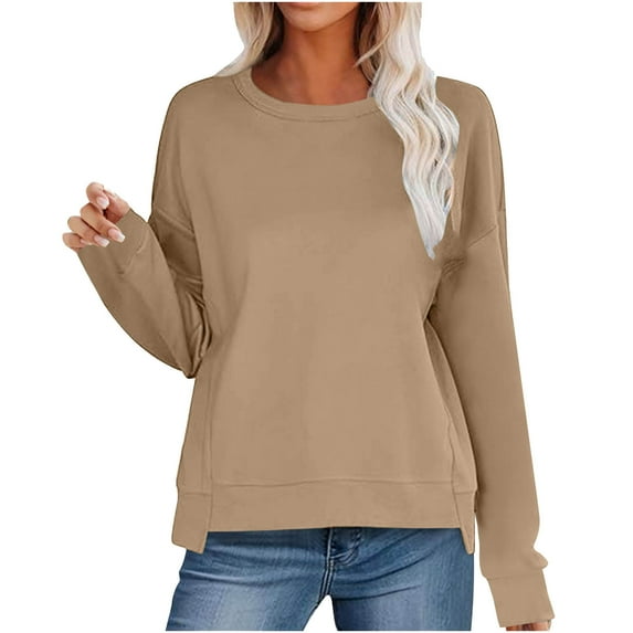 ZACPNCV Long Sleeve Shirts for Women Fall Tops Women's Solid Color Hooded Sweatshirt Khaki