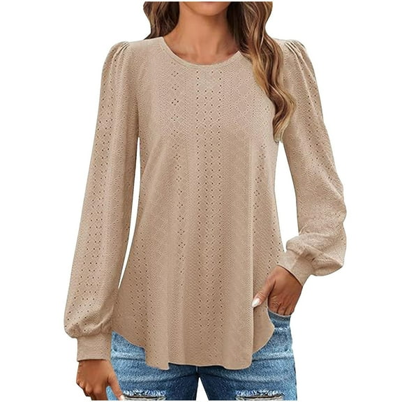 ZACPNCV Long Sleeve Shirts for Women Fall Tops Women's Solid Color Round Neck Loose Casual T-shirt Top Khaki