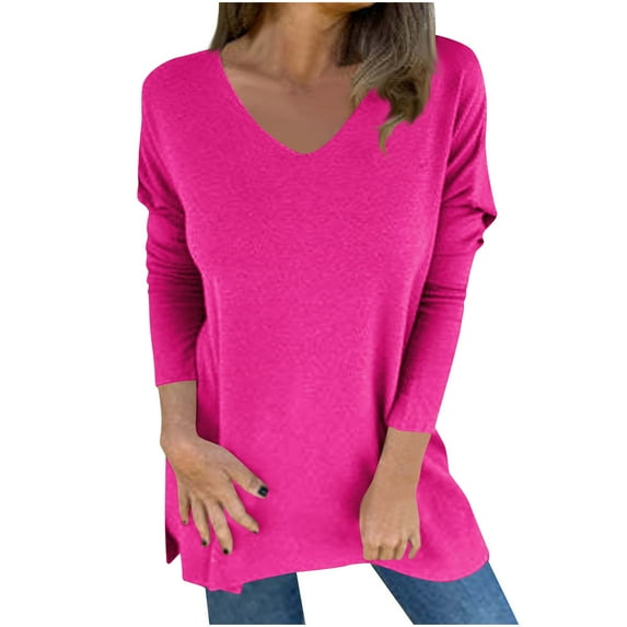 Meresysid Long Sleeve Shirts for Women's New Casual Solid Color Round Neck Long Sleeved Top With Irregular Hem T-shirt Hot Pink