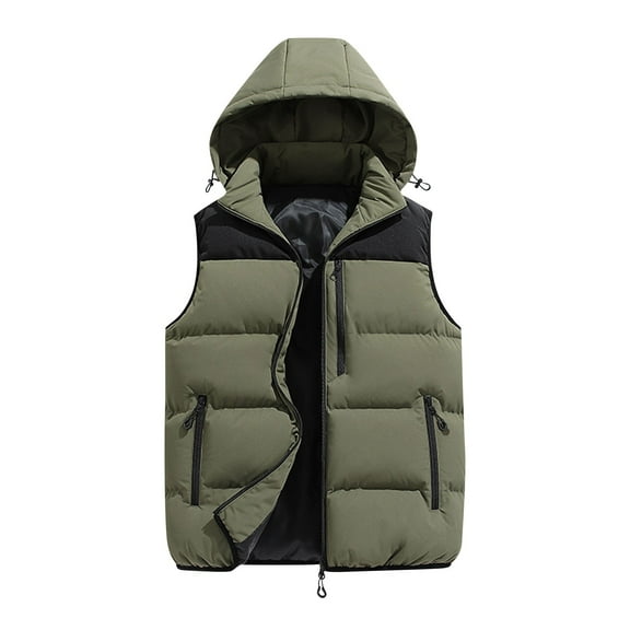 ZACPNCV Men Winter Thicken Cotton Sleeveless Coat Warm Detachable Outwear Waistcoat Hooded Vest Jacket Olive Green