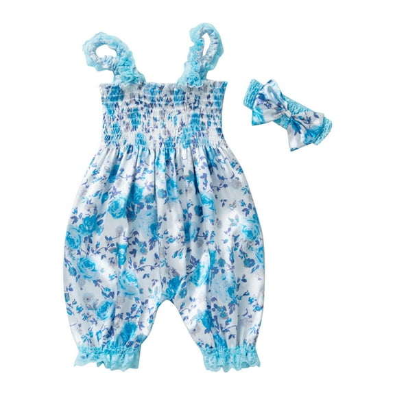 ZACPNCV Newborn Baby Girls Summer Jumpsuit Sleeveless Outfit Print Strap Romper One Piece Jumpsuit Headband 2PC Spring Summer Clothes Set Blue 0-6 Months