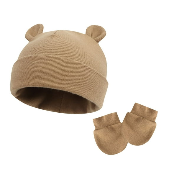 ZACPNCV Newborn Baby Hats and Mittens Set Bear Ear Baby Beanie No Scratch Cotton Infant Caps Gloves Newborn Hats for Boys Girls Khaki Free Size