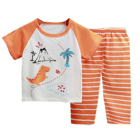 ZACPNCV Pajamas for Toddler Boys Dinosaur Printed Short Sleeve and Pants Sleepwear 2-pieces Kids Summer PJS Orange 4-5 Years
