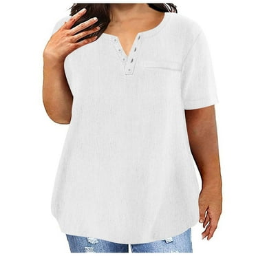 Meresysid Plus Size Short Sleeve Crop Tops For Women V Neck Sleeve Buttons Solid Color Tops 2024 Summer Short Sleeve T-shirt White