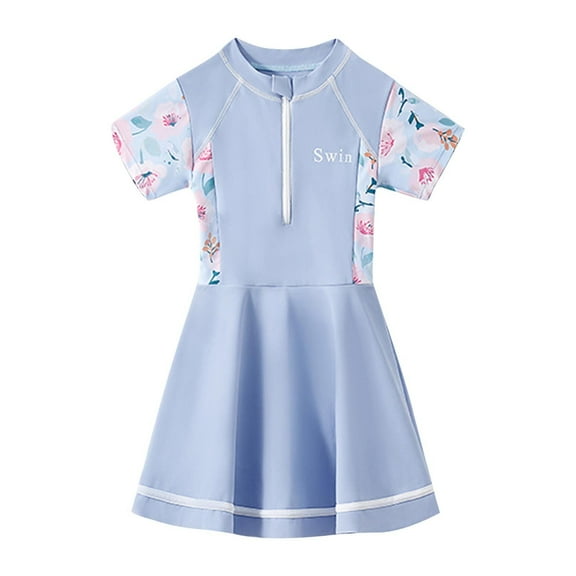 ZACPNCV Teen Girls One Piece Short Sleeve Swim Dress Rash Guard Bathing Suit Skirted Zip Front Swimwear Blue 5-6 Years