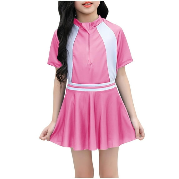 ZACPNCV Teen Girls One Piece Short Sleeve Swim Dress Rash Guard Bathing Suit Skirted Zip Front Swimwear Pink 12-14 Years