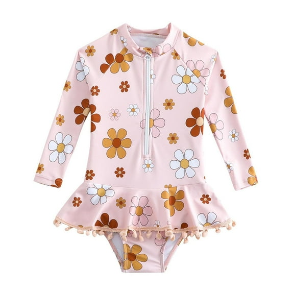 ZACPNCV Teen Girls One Piece Short Sleeve Swim Dress Rash Guard Bathing Suit Skirted Zip Front Swimwear Pink 18-24 Months