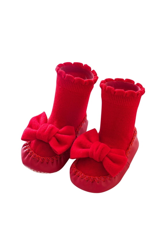 Toddler Baby Floor Socks Bow Tie Looped Knitted Socks Solid Color Cotton No Slip and Insulation Walking Socks Red 2-3 Years