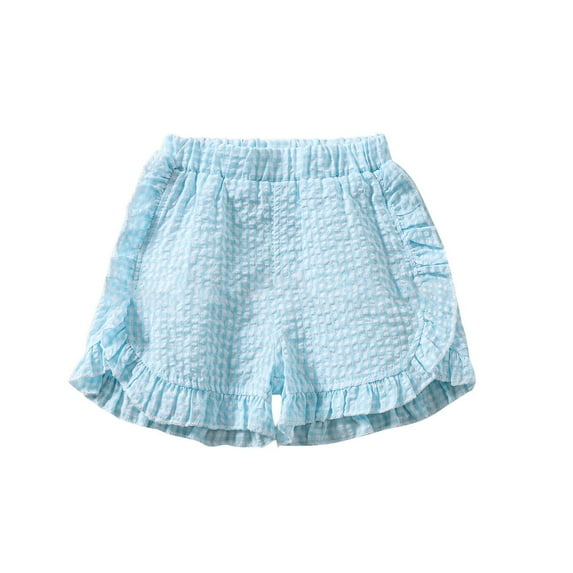 ZACPNCV Toddler Baby Girl Ruffle Shorts Plaid Elastic Waist Seersucker Shorts Pants Bottoms Casual Summer Outfit Sky Blue 3-4 Years