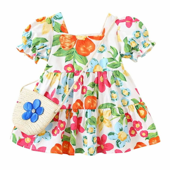 ZACPNCV Toddler Baby Girls Summer Outfit Puff Sleeve Flower Party Dress Smocked Baby Girl Clothes Green 18-24 Months