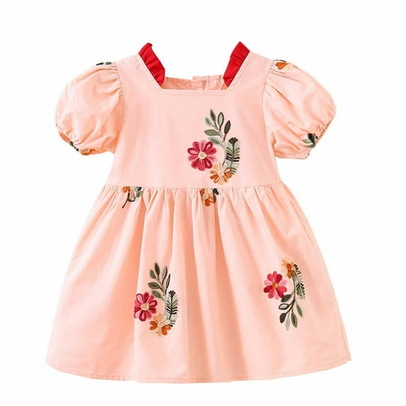 ZACPNCV Toddler Baby Girls Summer Outfit Puff Sleeve Flower Party Dress Smocked Baby Girl Clothes Pink 18-24 Months