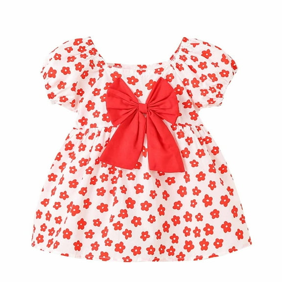 ZACPNCV Toddler Baby Girls Summer Outfit Puff Sleeve Flower Party Dress Smocked Baby Girl Clothes Red 18-24 Months