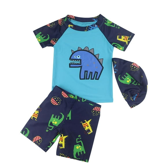 ZACPNCV Toddler Boys 3-Piece Dinosaur Prints Swimsuit Trunk Rashguard Set and Sun Hat Swimwear Bathing Suit Sunsuit Swim Shirt Light Blue 4-5 Years