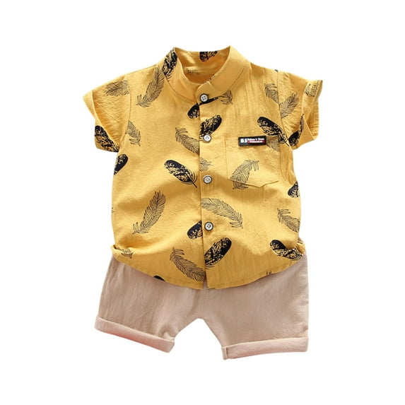 ZACPNCV Toddler Boys Clothes Kids Print Button Down Shirt Solid Color Shorts Boys Summer Gentleman Suit Outfit Yellow 3-4 Years