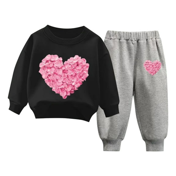 ZACPNCV Toddler Boys Girls Sweatsuit Heart Print Solid Color Long Sleeve Sweatshirt and Sweatpants Spring Outfit Valentine's Day Gift Black 10-11 Years
