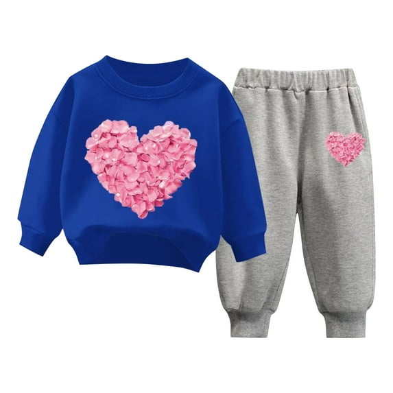 ZACPNCV Toddler Boys Girls Sweatsuit Heart Print Solid Color Long Sleeve Sweatshirt and Sweatpants Spring Outfit Valentine's Day Gift Blue 12-18 Months