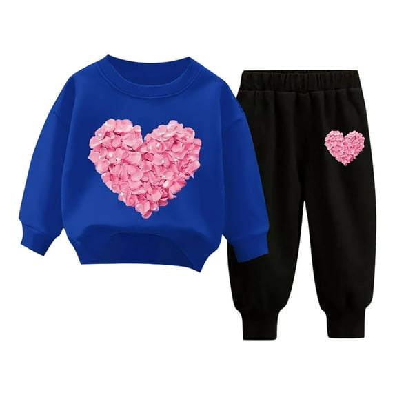 Meresysid Toddler Boys Girls Sweatsuit Heart Print Solid Color Long Sleeve Sweatshirt and Sweatpants Spring Outfit Valentine's Day Gift Blue 3-4 Years