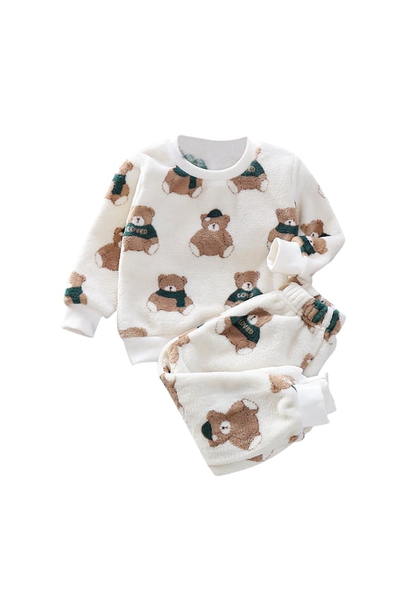 Toddler Boys Girls Winter Fleece Flannel Pajama 2 Piece Set Warm Sleepwear Set Tops and Pants Outfits Beige