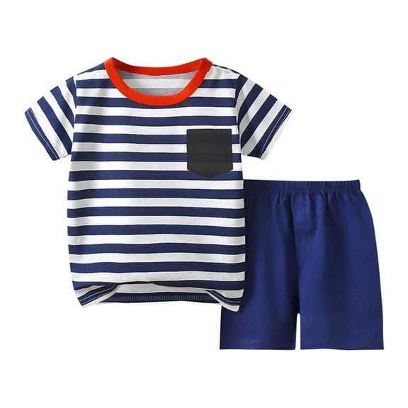 ZACPNCV Toddler Boys Kids Pajama Sets Short Summer Cool Snug Fit Sleepwear PJS Striped Printed 2PC Set Summer Sleepwear Clothes Set Blue 5-6 Years