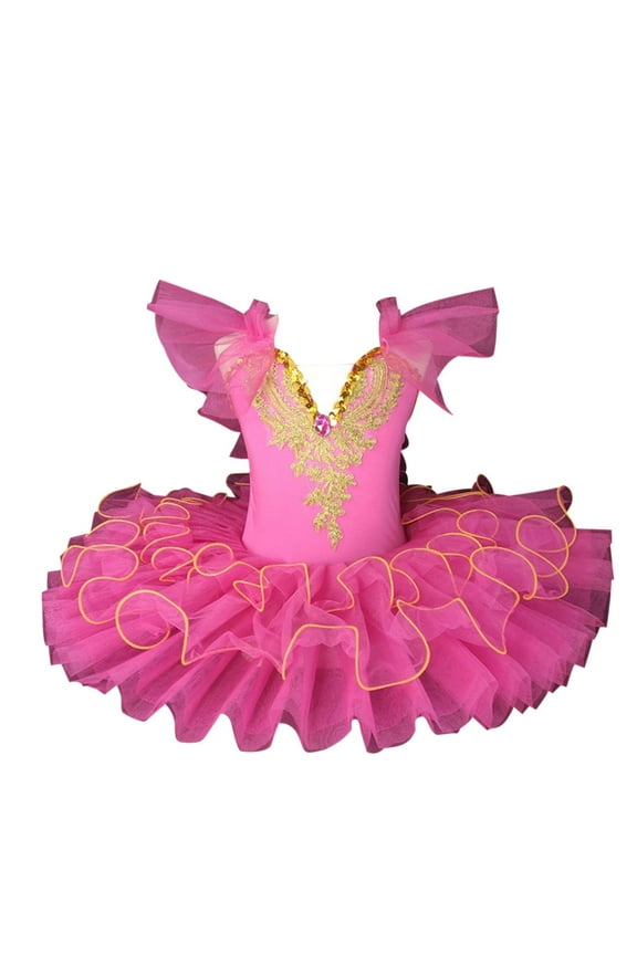 Toddler Girls Ballet Leotards Tulle Skirt Ruffle Sleeve Tutu Dresses Shiny Sequin Flower Embroidery Dance Dress Gymnastics Bodysuit Outfit Summer Clothes Hot Pink 9-10 Years