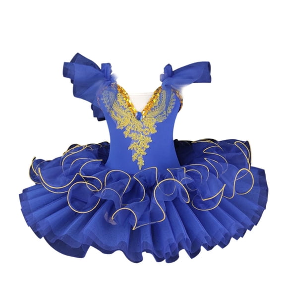 ZACPNCV Toddler Girls Ballet Leotards Tulle Skirt Ruffle Sleeve Tutu Dresses Shiny Sequin Flower Embroidery Dance Dress Gymnastics Bodysuit Outfit Summer Clothes Blue 7-8 Years
