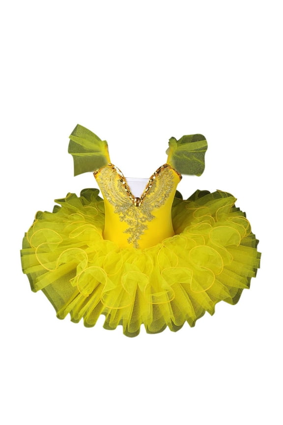 Toddler Girls Ballet Leotards Tulle Skirt Ruffle Sleeve Tutu Dresses Shiny Sequin Flower Embroidery Dance Dress Gymnastics Bodysuit Outfit Summer Clothes Yellow 5-6 Years