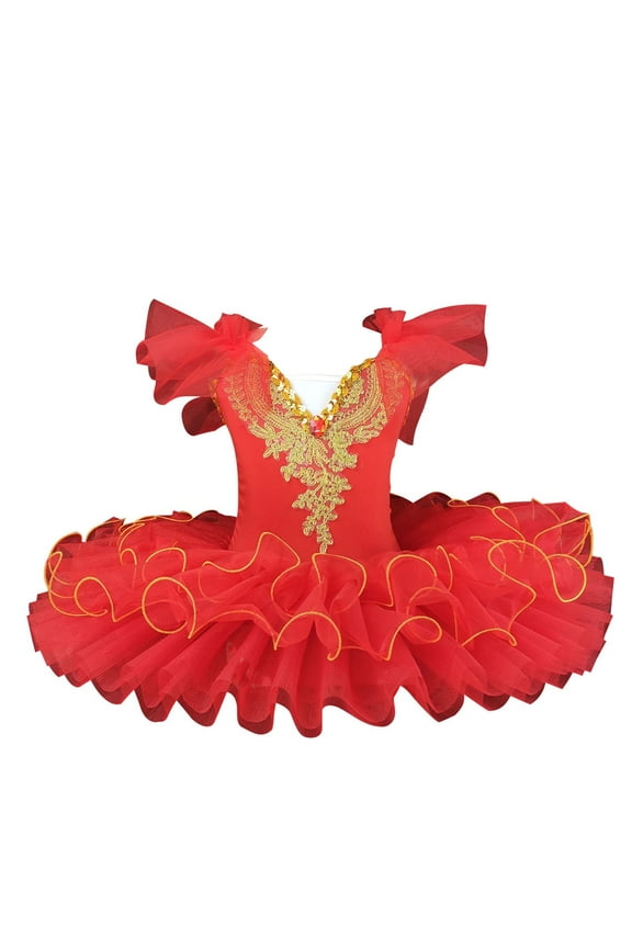 Toddler Girls Ballet Leotards Tulle Skirt Ruffle Sleeve Tutu Dresses Shiny Sequin Flower Embroidery Dance Dress Gymnastics Bodysuit Outfit Summer Clothes Red 1-2 Years