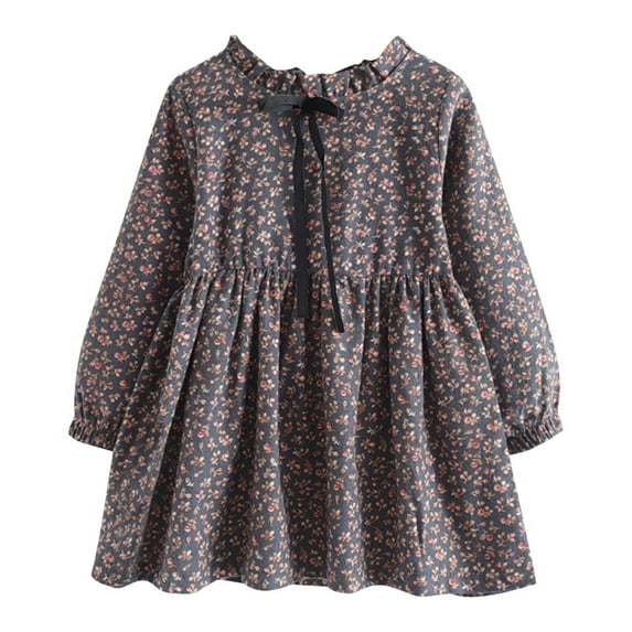 Meresysid Toddler Girls Dresses Long Sleeve 2-14year Children's And Girls' Fashionable Floral Pleated Lace UpRound Neck Dress Gray