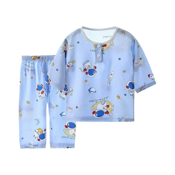 ZACPNCV Toddler Girls Pajamas Set Kids Pjs Short Sleeve Sleepwear 2 Piece Round Neck Top Capri Pants Loungewear Summer Outfits Light Blue 4-5 Years