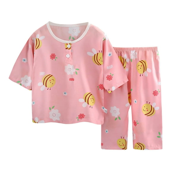 ZACPNCV Toddler Girls Pajamas Set Kids Pjs Short Sleeve Sleepwear 2 Piece Round Neck Top Capri Pants Loungewear Summer Outfits Pink 4-5 Years