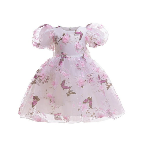 ZACPNCV Toddler Girls Puff Sleeve Tulle Dress Princess Dress Crewneck Mesh Ruffle Dress Solid Flower Wedding Formal Dresses White 6-7 Years