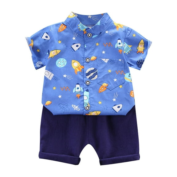 ZACPNCV Toddler Infant Baby Boys Shorts Set Short Sleeve Printed Button Down Tops and Shorts Sets Summer Clothes Outfits Light Blue 2-3 Years