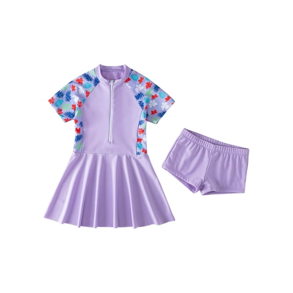 Meresysid Toddler Kids Baby Girls Cute Flowers Leaf Print Swimming Trunks Skirt Seaside Swimsuit Set Purple