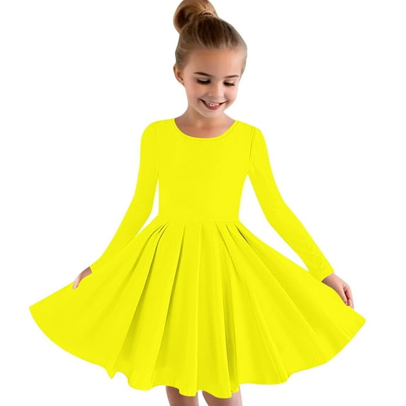 Meresysid Toddler Kids Girls Long Sleeve Stretchy Dress A Line Twirly Skater School Recital Dress Yellow
