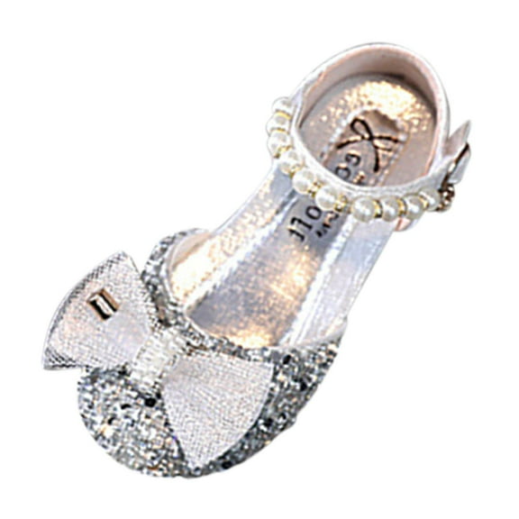 Meresysid Toddler Kids Summer Girls Sandals Dress Performance Dance Shoes Sequin Pearl Mesh Bow Buckle Princess Shoes Silver