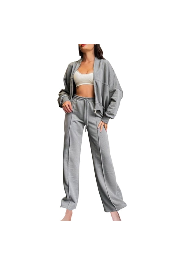 Women Fashionable Solid Color Zippered Cardigan Sweater Casual Straight Leg Pants Set Gray