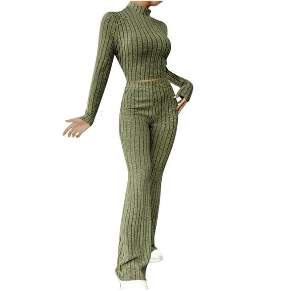 ZACPNCV Women New Knitted Long Sleeve Set Hoodie Loose Pants Two Piece Set Long Sleeve Round Neck Top/Shirt Suit Olive Green