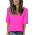 thumbnail image 1 of Meresysid Women Short Sleeve Tops 3/4 Sleeves Solid Color Square Neck Comfortable T-shirt Casual Loose Summer Tops Hot Pink, 1 of 6