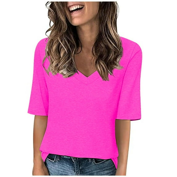 Meresysid Women Short Sleeve Tops 3/4 Sleeves Solid Color Square Neck Comfortable T-shirt Casual Loose Summer Tops Hot Pink