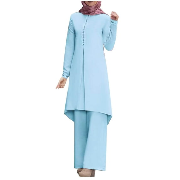 ZACPNCV Women Spring Solid Color Muslim Solid Color Long Sleeve Shirt Coat Wide Leg Trousers Casual Suit Light Blue