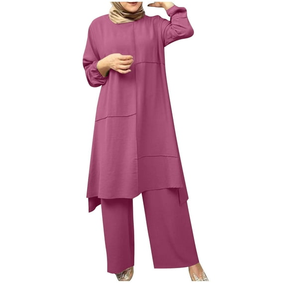 ZACPNCV Women Spring Solid Color Muslim Solid Color Long Sleeve Shirt Coat Wide Leg Trousers Casual Suit Pink