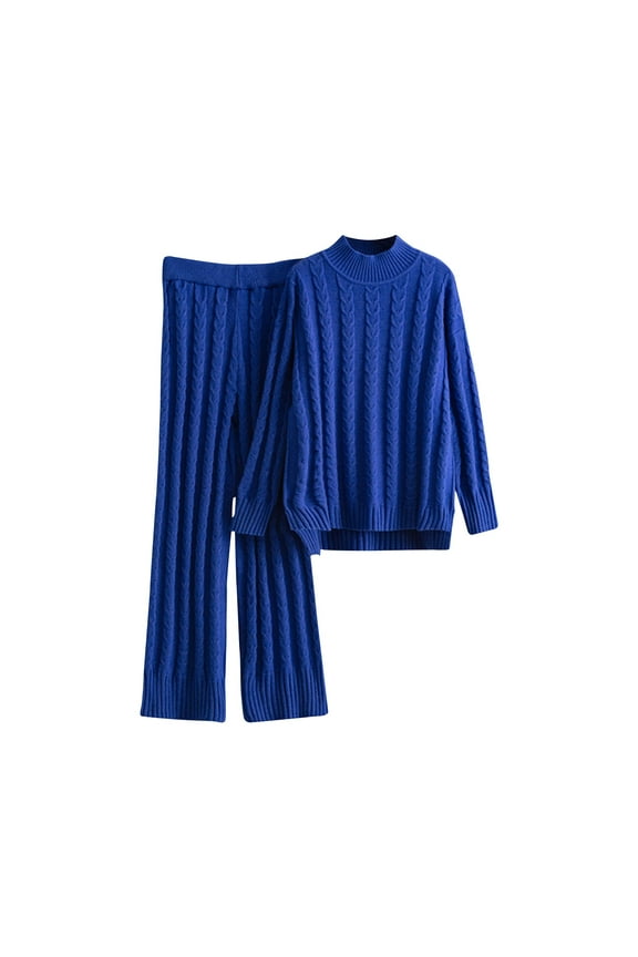 Meresysid Women Two Piece Turtleneck Long Set And Loose Wide Legs Pants Home Sweater Suit Sets Blue