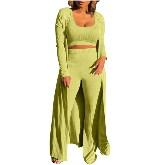 ZACPNCV Women's 3 Piece Casual Loose Long Sleeved Open Top Sleeveless Top Wide Leg Pants Sports Suit Gold