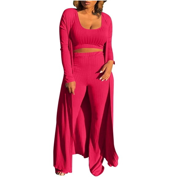 ZACPNCV Women's 3 Piece Casual Loose Long Sleeved Open Top Sleeveless Top Wide Leg Pants Sports Suit Watermelon Red