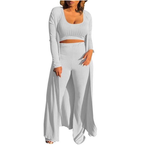 ZACPNCV Women's 3 Piece Casual Loose Long Sleeved Open Top Sleeveless Top Wide Leg Pants Sports Suit White