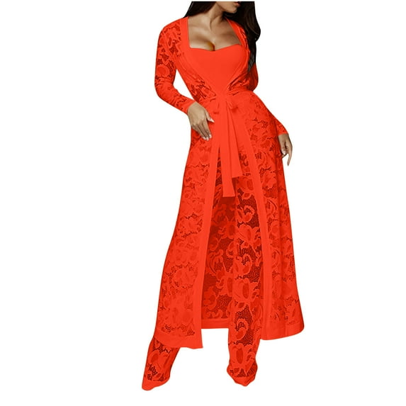 ZACPNCV Women's 3-piece Casual Loose Long Sleeved Open Top+strapless+underwear With Pants Wide Leg Pants Sports Suit Red