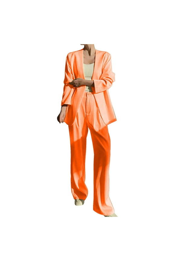 Women's Casual Lattice Color Suit Long Sleeve Blazer and Long Pants Two-piece Set Orange