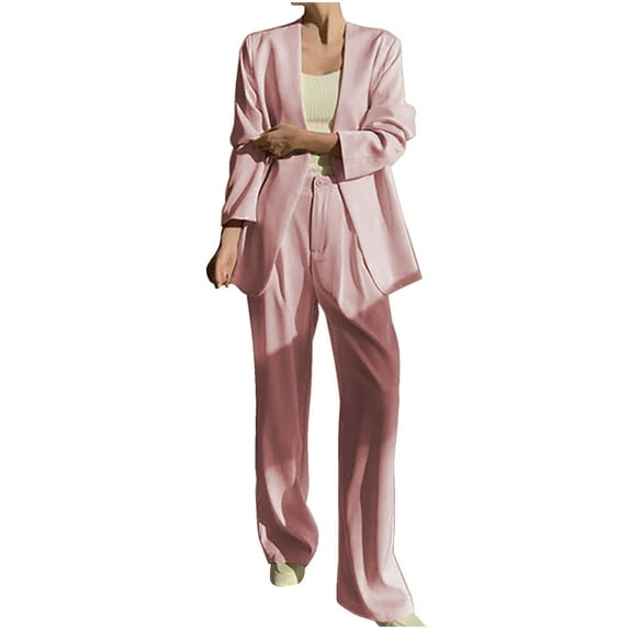 ZACPNCV Women's Casual Lattice Color Suit Long Sleeve Blazer and Long Pants Two-piece Set Pink