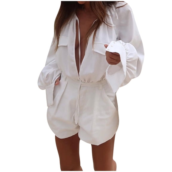 ZACPNCV Women's Casual Long Sleeved Solid Color Loose Pocket Cotton And Linen Jumpsuit White