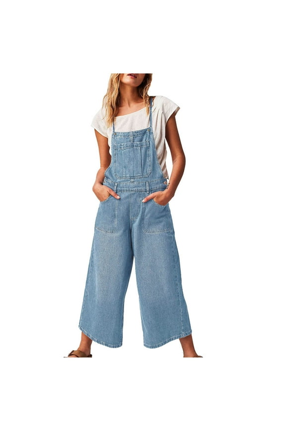 Women's Casual Loose Overalls Jeans Pants One Piece Hanging Loose Strap Wide Leg Pants Light Blue